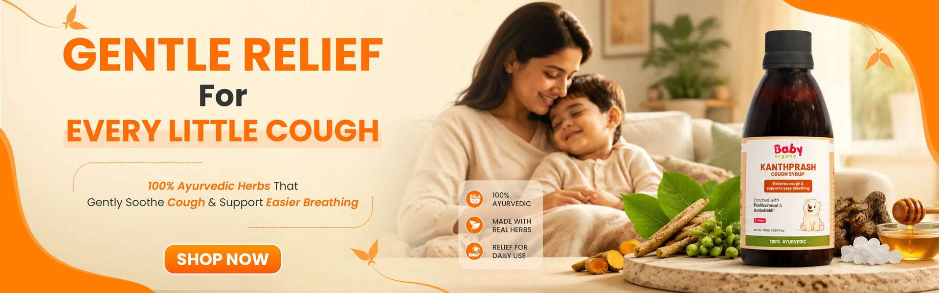 Mother comforting her child with BabyOrgano Kanthprash Cough Syrup for gentle cough relief and easier breathing.