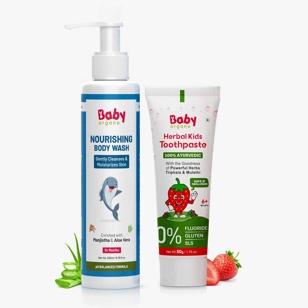 BabyOrgano kids care set including a pH-balanced Nourishing Body Wash and 100% Ayurvedic Herbal Kids Toothpaste in Strawberry flavor, enriched with Triphala and Mulethi | #flavour_strawberry