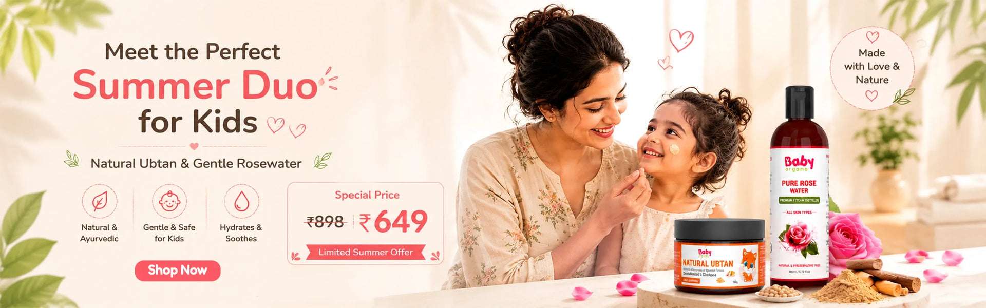 A mother gently applying BabyOrgano Natural Ubtan to her smiling daughter's face next to a bottle of Pure Rose Water, showcasing a natural Ayurvedic summer skincare duo for kids.