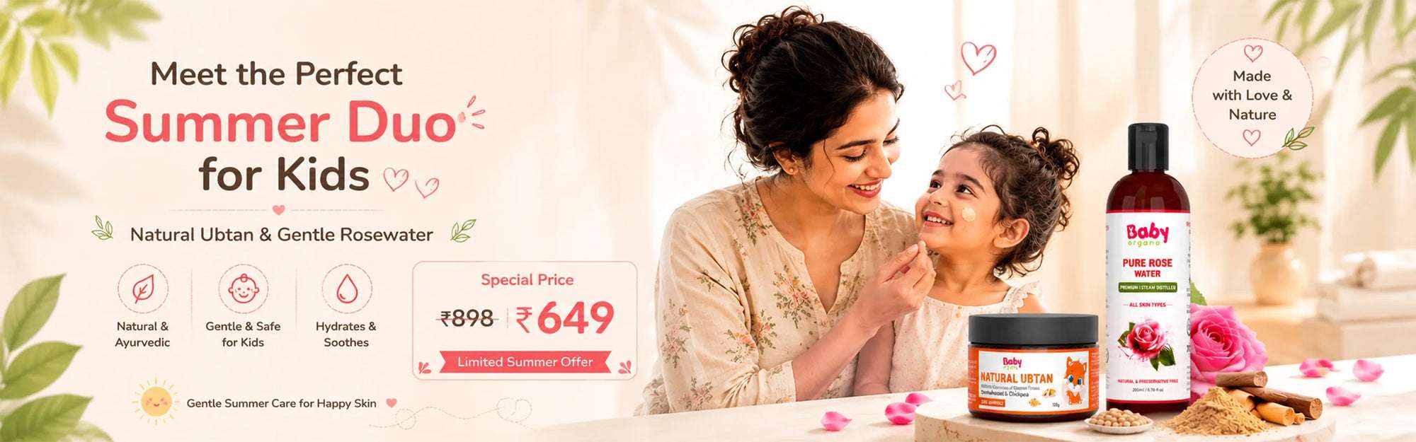 A mother gently applying BabyOrgano Natural Ubtan to her smiling daughter's face next to a bottle of Pure Rose Water, showcasing a natural Ayurvedic summer skincare duo for kids.