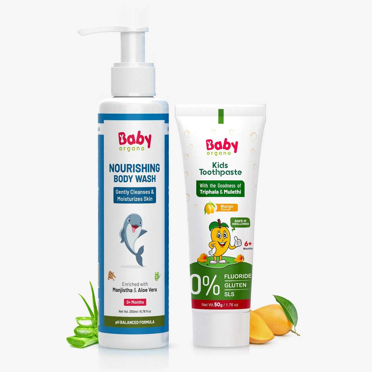 BabyOrgano baby care combo featuring 200ml Nourishing Body Wash with Manjistha and Aloe Vera alongside 50g Mango flavor Kids Toothpaste, fluoride-free and safe if swallowed | #flavour_mango