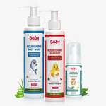 BabyOrgano baby care essential kit featuring Nourishing Body Wash with Aloe Vera, Nourishing Shampoo with Hibiscus and Fenugreek, and Waterless Hand Wash with Neem and Aragvadha for kids care and germ protection.