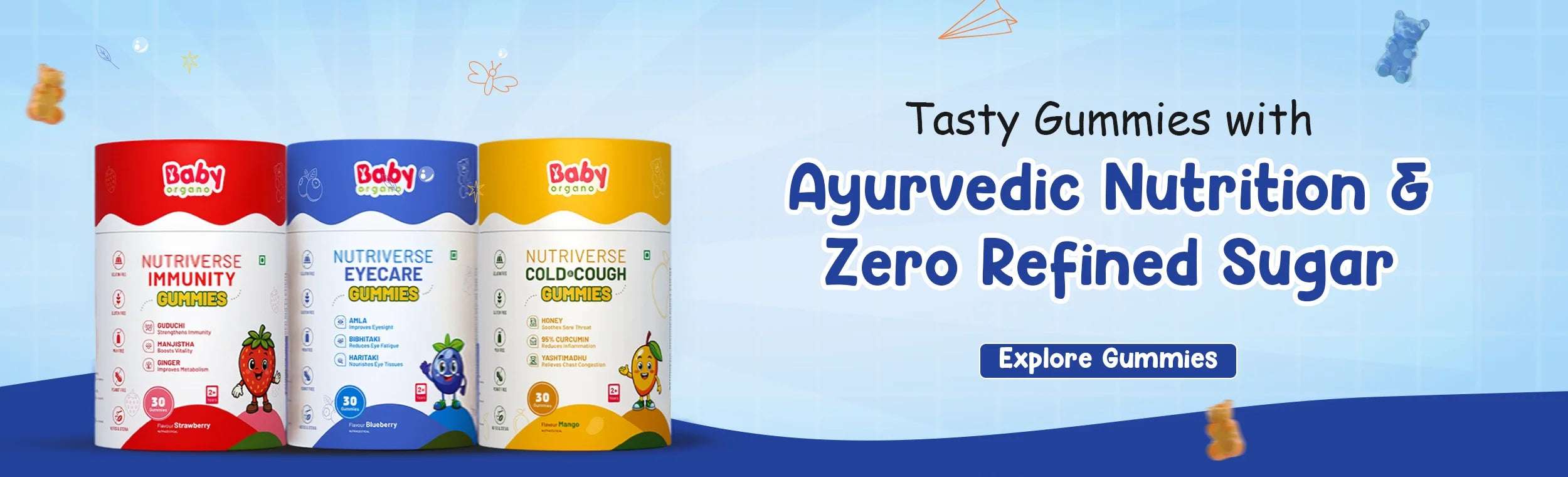 BabyOrgano Nutriverse tasty gummies for kids care featuring Immunity, Eyecare, and Cold & Cough varieties with Ayurvedic nutrition and zero refined sugar.