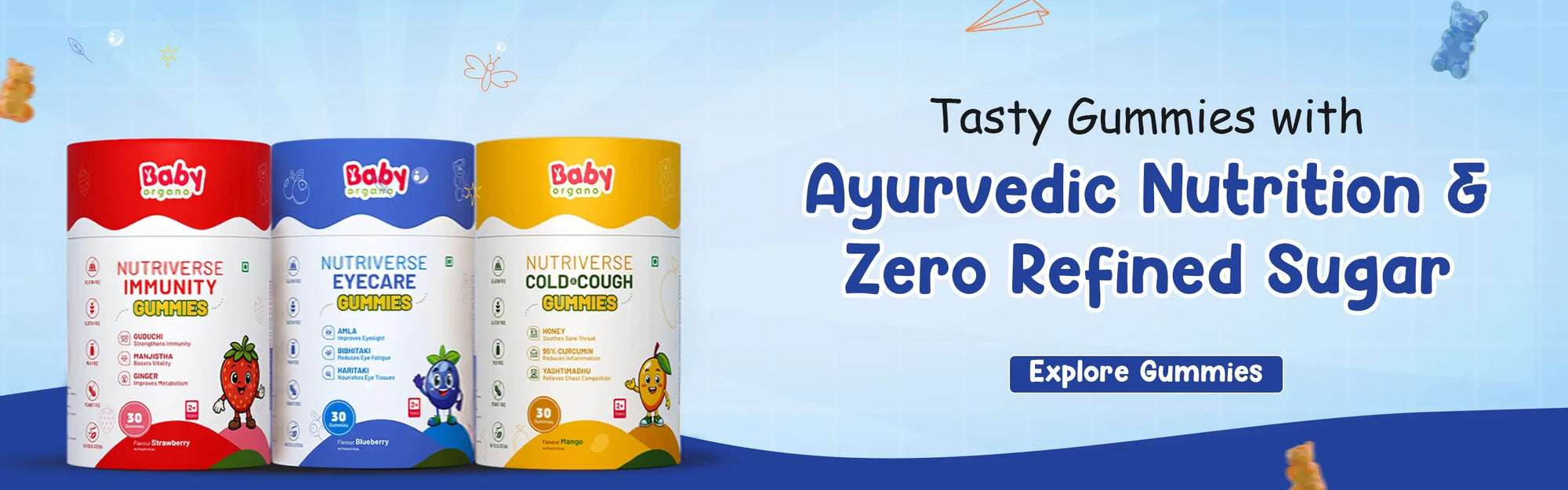 BabyOrgano Nutriverse tasty gummies for kids care featuring Immunity, Eyecare, and Cold & Cough varieties with Ayurvedic nutrition and zero refined sugar.
