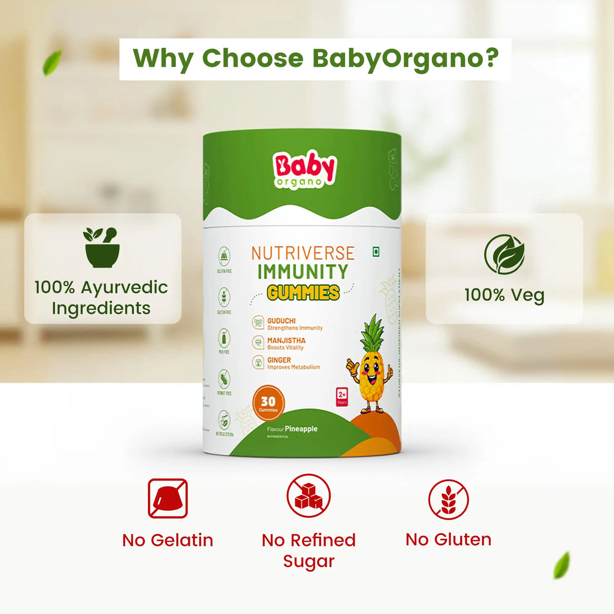 Bottle of BabyOrgano Nutriverse Immunity Gummies displaying key benefits: 100% Ayurvedic ingredients (Guduchi, Manjistha, Ginger), 100% Veg, No Gelatin, and No Glute | #flavour_pineapple