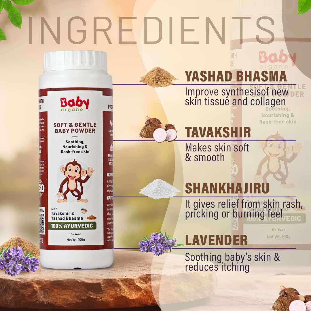 BabyOrgano Soft & Gentle Baby Powder | Contains Tavakshir, Yashad Bhasma, Sankhjiru Ayurvedic Ingredients | 100% Ayurvedic