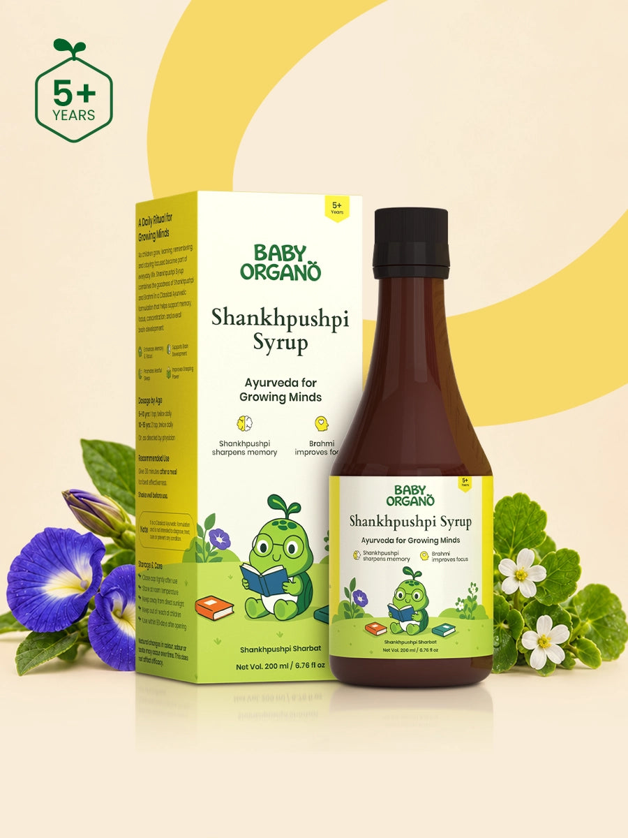 Bottle of BabyOrgano Shankhpushpi Syrup labeled for children ages five and up