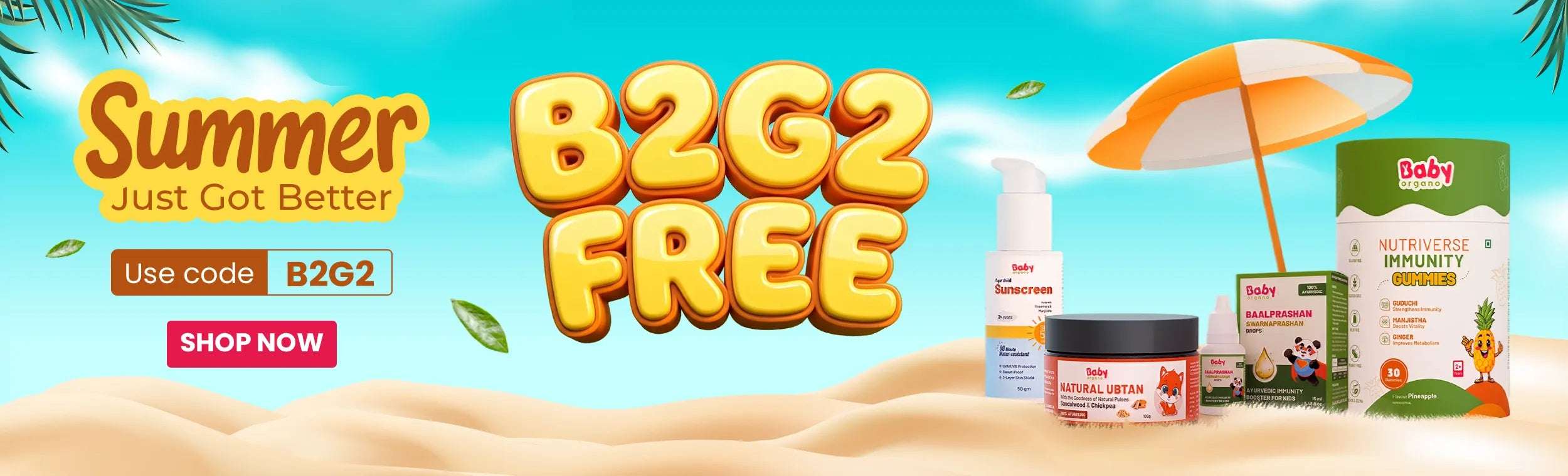 BabyOrgano Summer Sale banner offering Buy 2 Get 2 Free on babycare and kidscare products.
