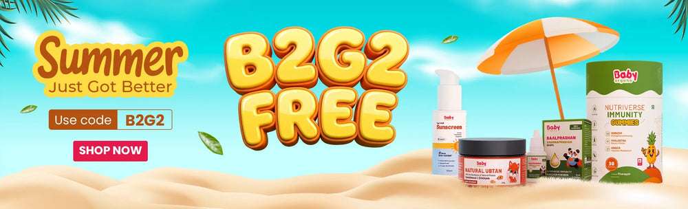 
                BabyOrgano Summer Sale banner offering Buy 2 Get 2 Free on babycare and kidscare products.
             