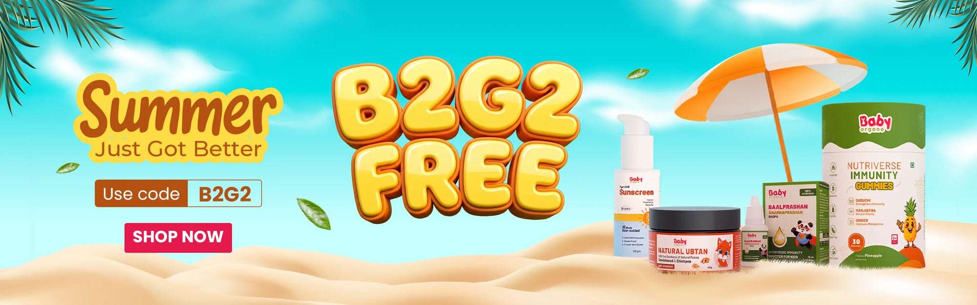BabyOrgano Summer Sale banner offering Buy 2 Get 2 Free on babycare and kidscare products.
