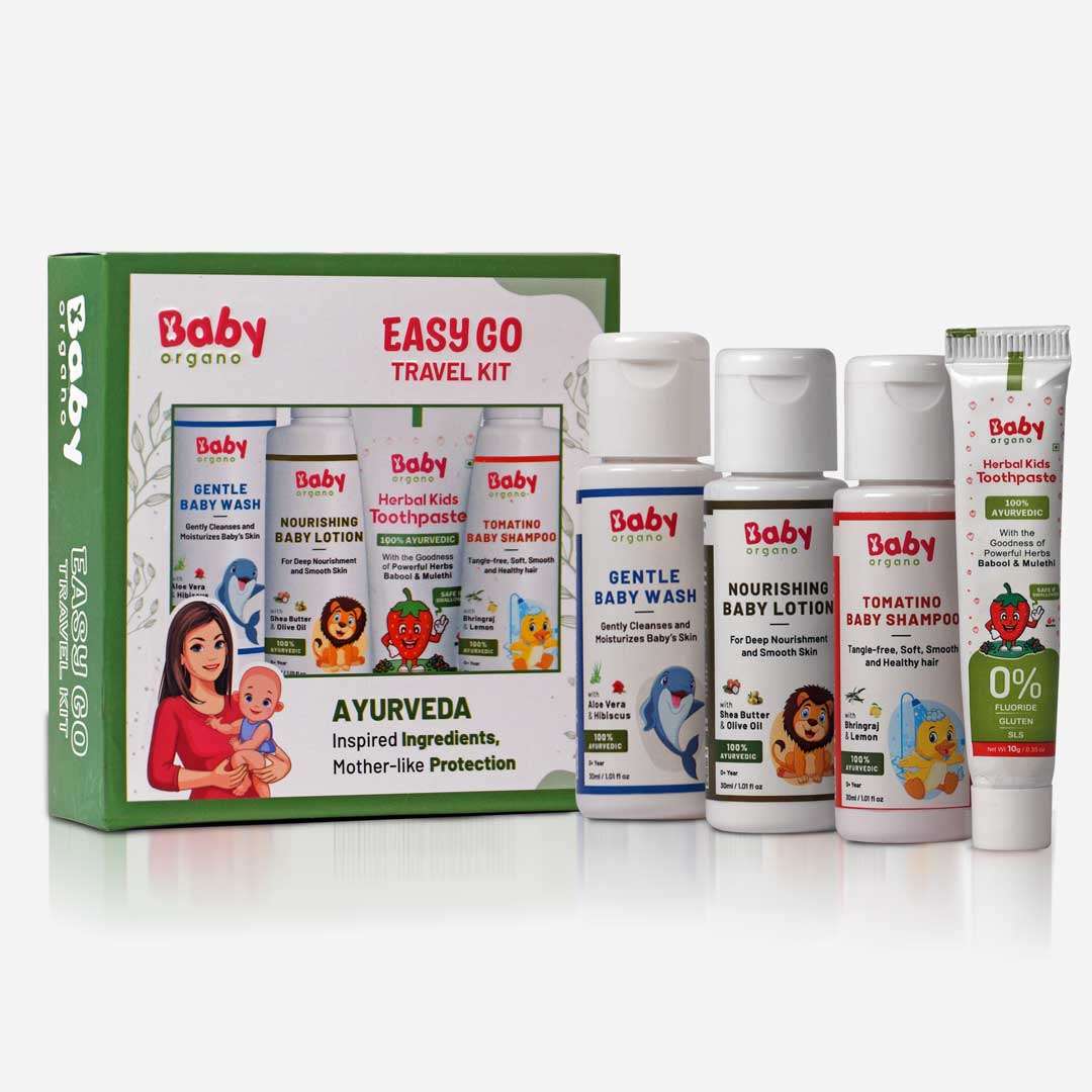 BabyOrgano EasyGo Travel Kit for Baby Care | Gentle Baby Wash (30ml) + Nourishing Baby Lotion (30ml) + Baby Shampoo (30ml) + Herbal Kids Toothpaste (10gm)