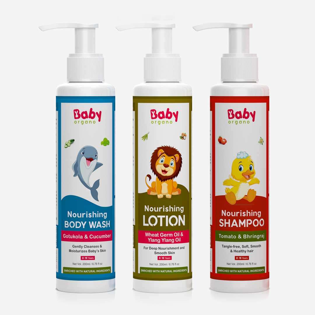 BabyOrgano Baby's Bath Care Combo | Gentle Body Wash (200ml) + Baby Shampoo (200ml) + Nourishing Body Lotion (200ml) | 100% Safe for Kids
