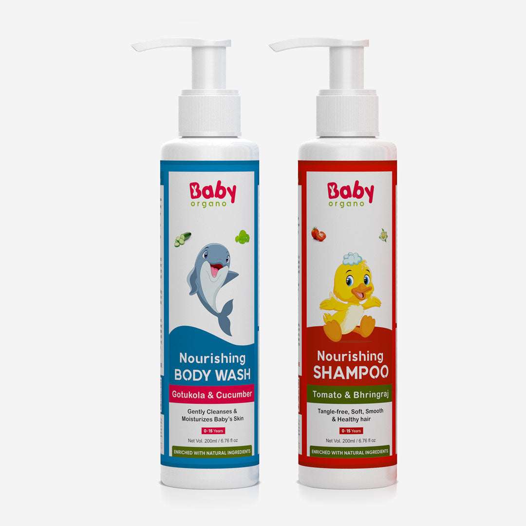 BabyOrgano Natural Bath Care Combo | Gentle Baby Wash (200ml) + Baby Shampoo (200ml) | 100% Based on Ayurveda