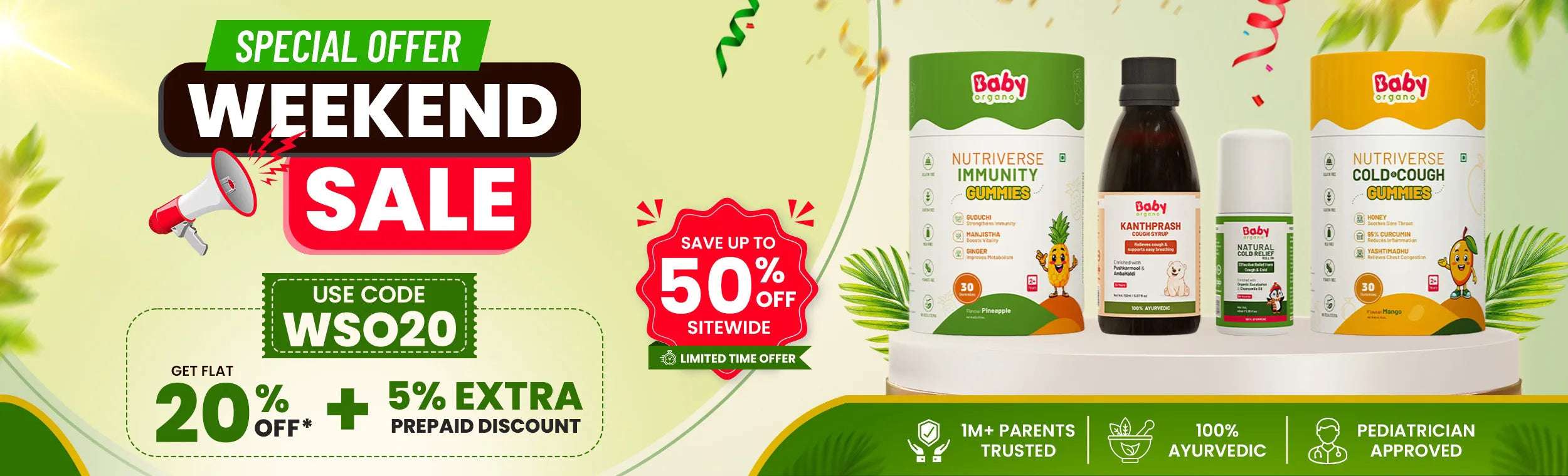 BabyOrgano Weekend Sale offer banner offering flat 20% off on Ayurvedic baby and kids care products including Nutriverse Gummies, Cough Syrup, and Kesar Haldi Daily Mix.