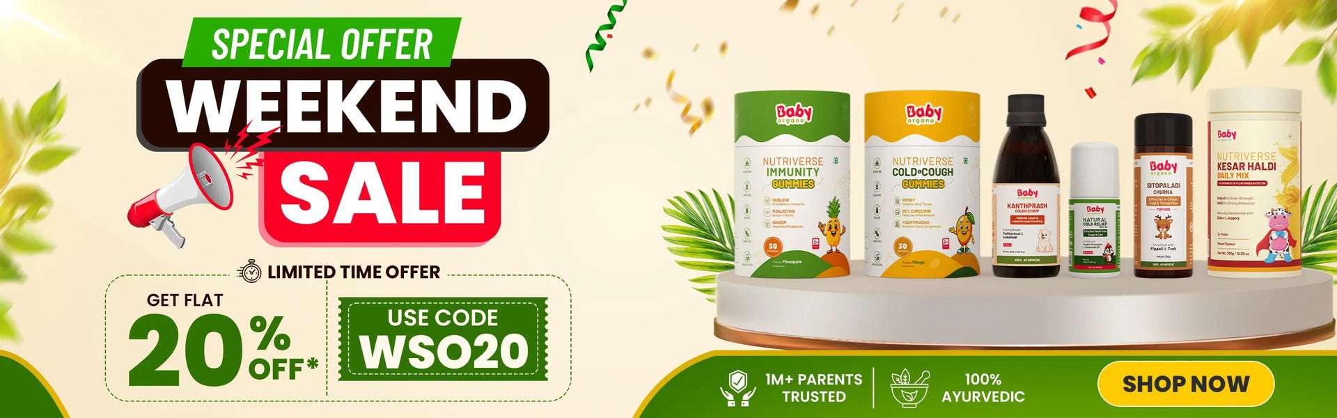BabyOrgano Weekend Sale offer banner offering flat 20% off on Ayurvedic baby and kids care products including Nutriverse Gummies, Cough Syrup, and Kesar Haldi Daily Mix.