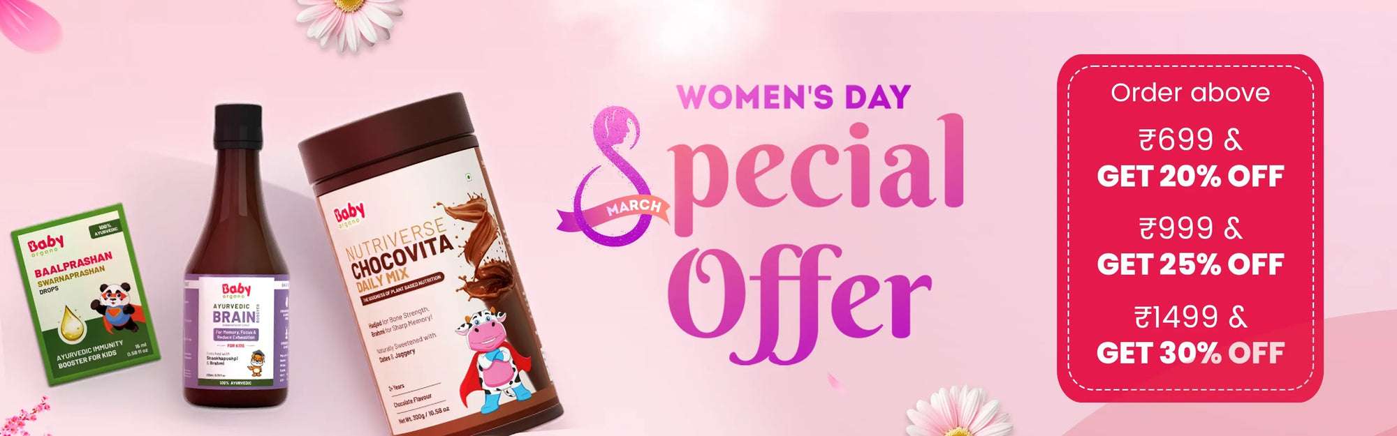 BabyOrgano Women's Day special offer banner featuring Ayurvedic babycare and kids care products like Nutriverse Chocovita and Baalprashan with up to 30% discount.