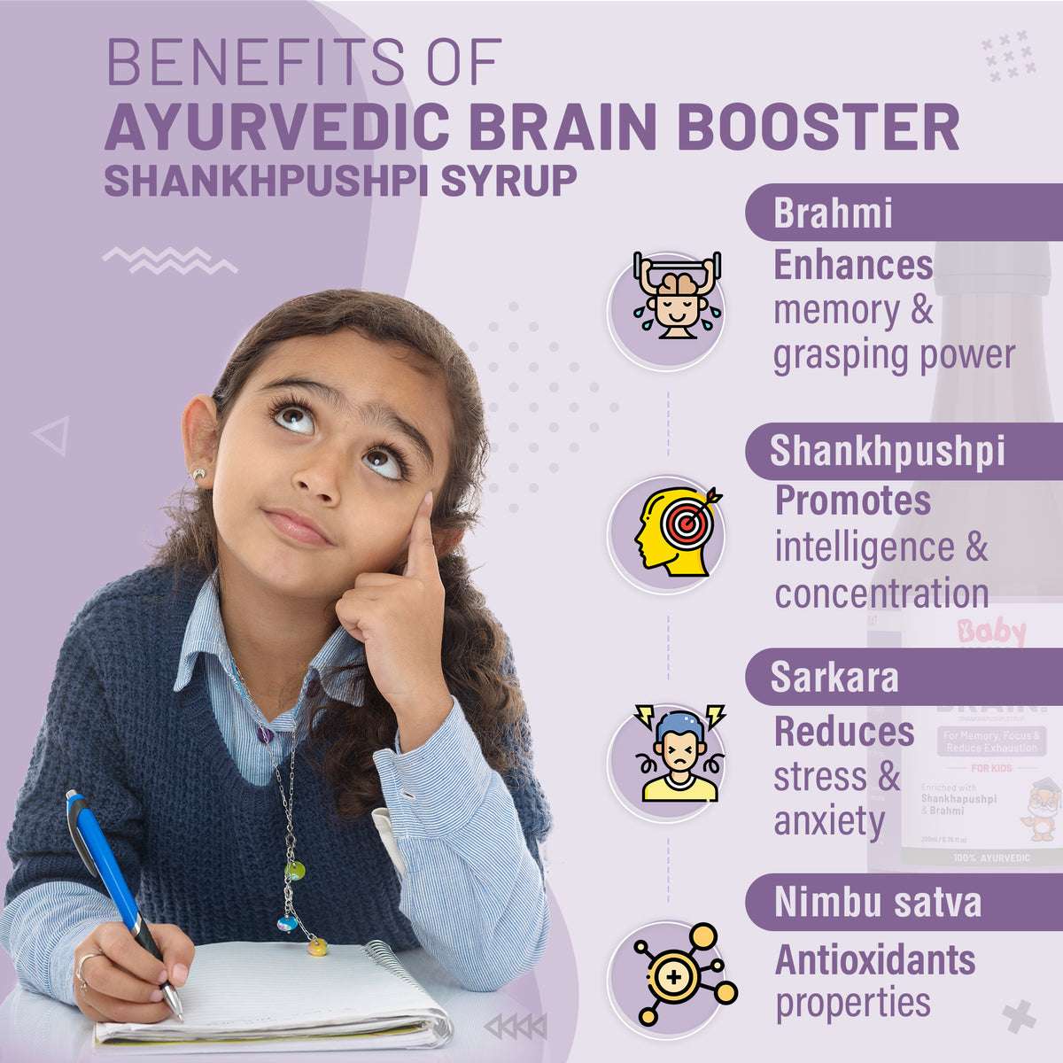 BabyOrgano Ayurvedic Shankhpushpi Syrup | Memory Booster Syrup For Kids | Contain Shankhpushpi & Brahmi | 100% Ayurvedic
