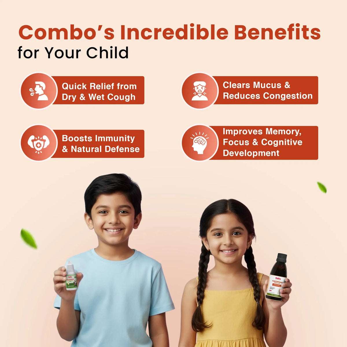 Infographic listing incredible benefits for children: quick relief from dry and wet cough, clears mucus, boosts natural immunity, and improves memory and cognitive development.