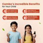Infographic listing incredible benefits for children: quick relief from dry and wet cough, clears mucus, boosts natural immunity, and improves memory and cognitive development.