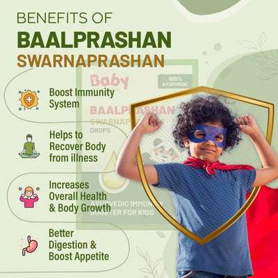 Baalprashan Swarnaprashan Drops – 100% Ayurvedic immunity booster for kids & babies (0–15 years) featuring Swarna Bhasma 24 ct gold ash, Shankhpushpi, Brahmi, and Vacha.