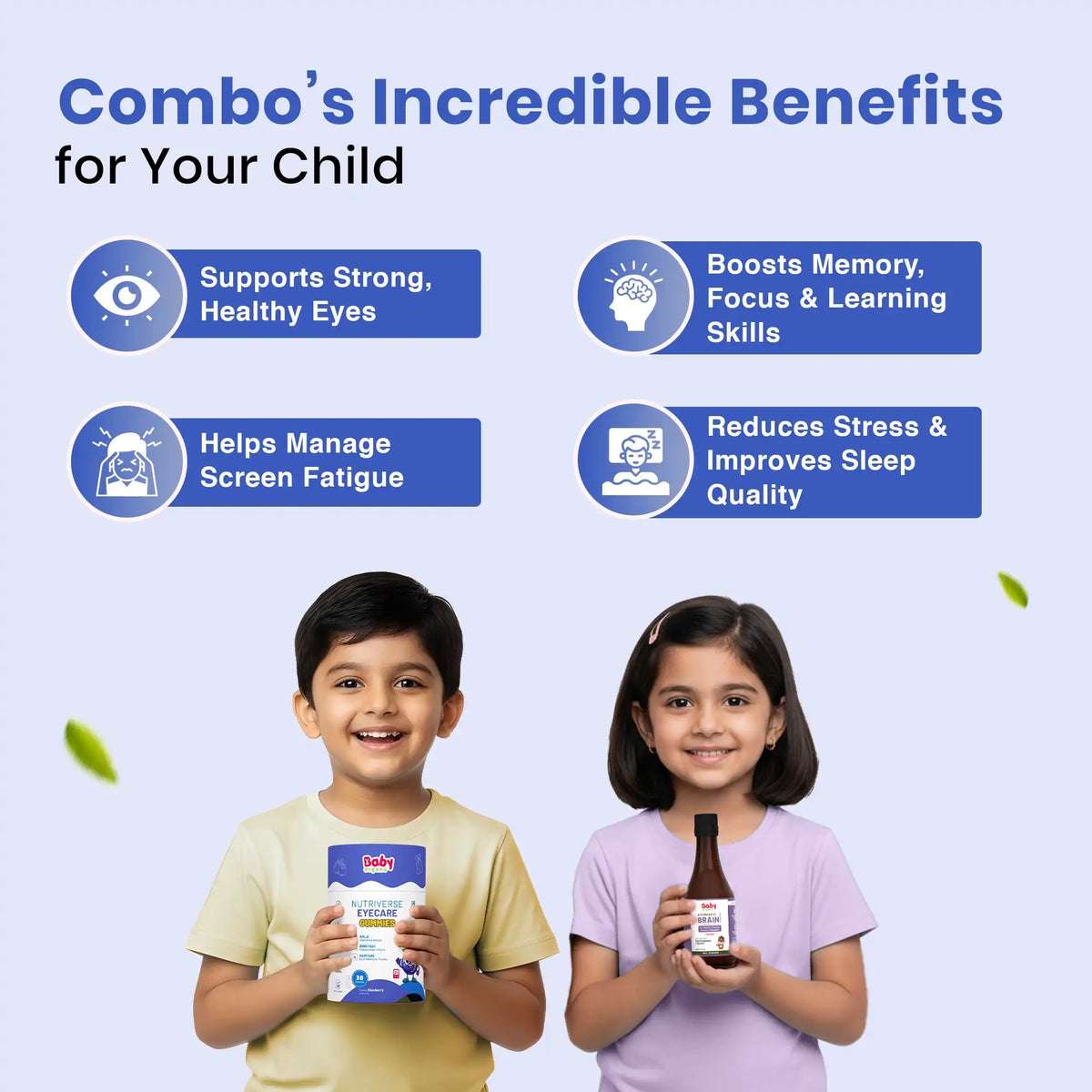 Brain Booster & Eye Care Combo for Kids | Nutriverse Eye Care Gummies Nutriverse (30 Gummies/Pack) + Shankhpushpi Syrup