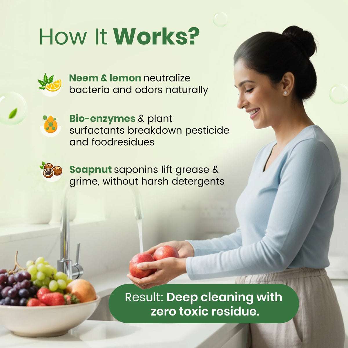 How natural bio-enzymes in baby liquid cleanser breakdown pesticide and food residues.