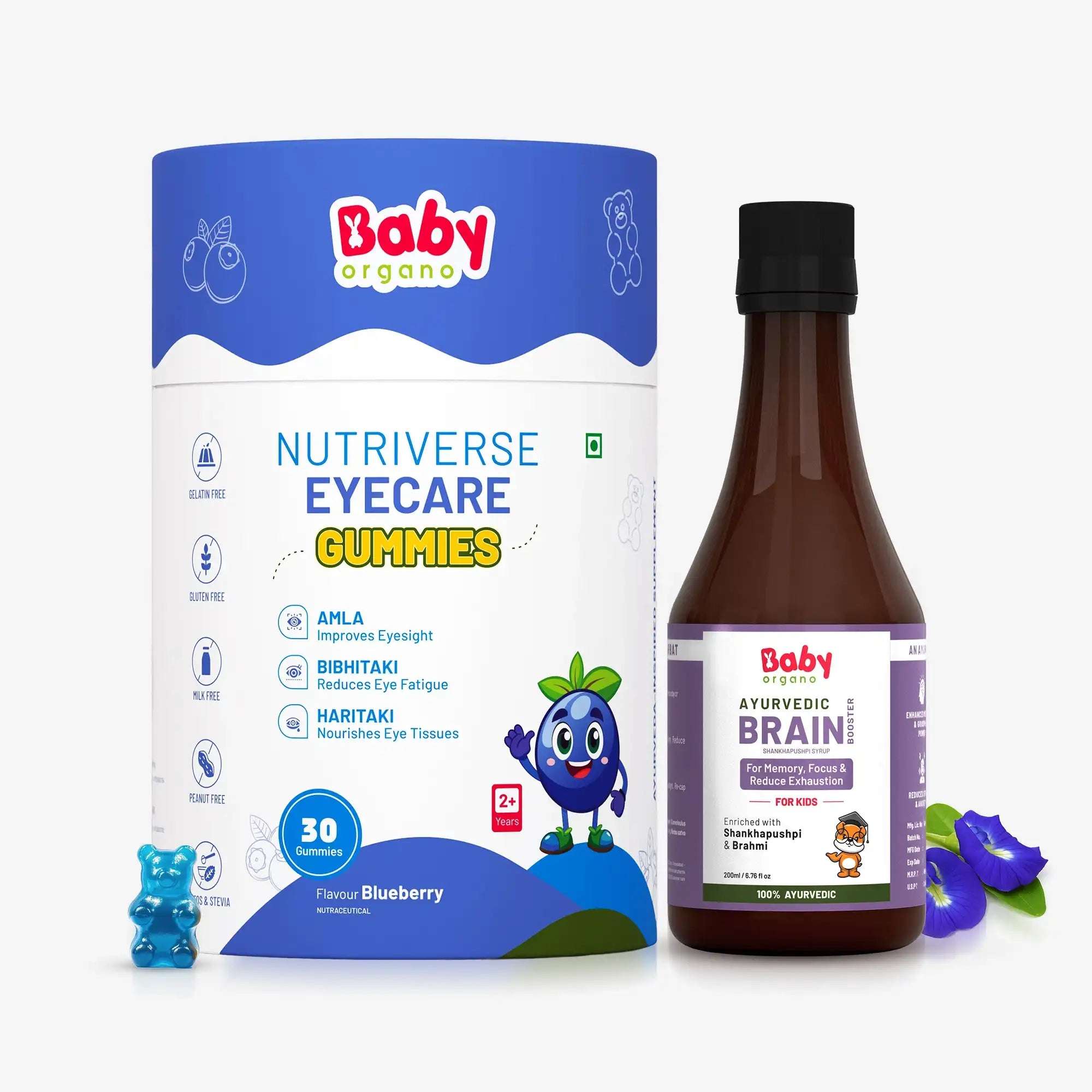 Brain Booster & Eye Care Combo for Kids | Nutriverse Eye Care Gummies Nutriverse (30 Gummies/Pack) + Shankhpushpi Syrup