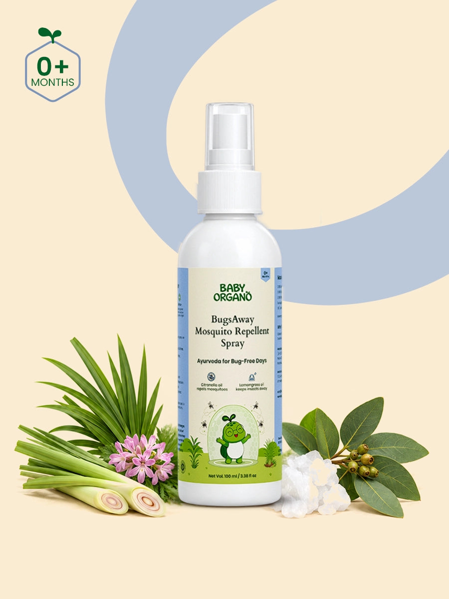 BabyOrgano BugsAway Mosquito Repellent Spray bottle surrounded by natural herbal ingredients.