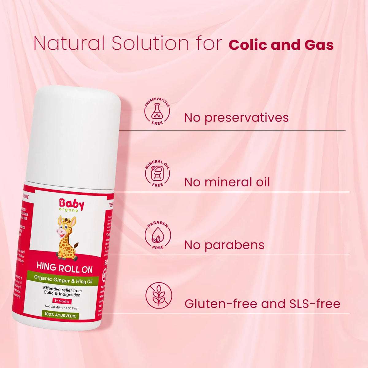 Natural solution for colic and gas with Hing Tummy Roll On – no preservative, no mineral oil, no paraben, gluten and SLS-free