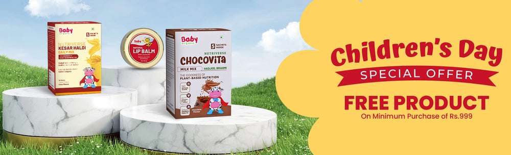 
                BabyOrgano Children's Day Special Offer – Get a Free Product on a Minimum Purchase of Rs. 999 featuring Chocovita Milk Mix, Kesar Haldi Daily Mix, and Natural Lip Balm
             