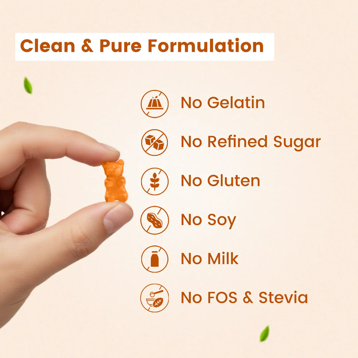 Hand holding gummy showing clean formulation icons - No gelatin, no refined sugar, no gluten, soy, or milk | #flavour_honey