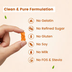 Hand holding gummy showing clean formulation icons - No gelatin, no refined sugar, no gluten, soy, or milk | #flavour_honey