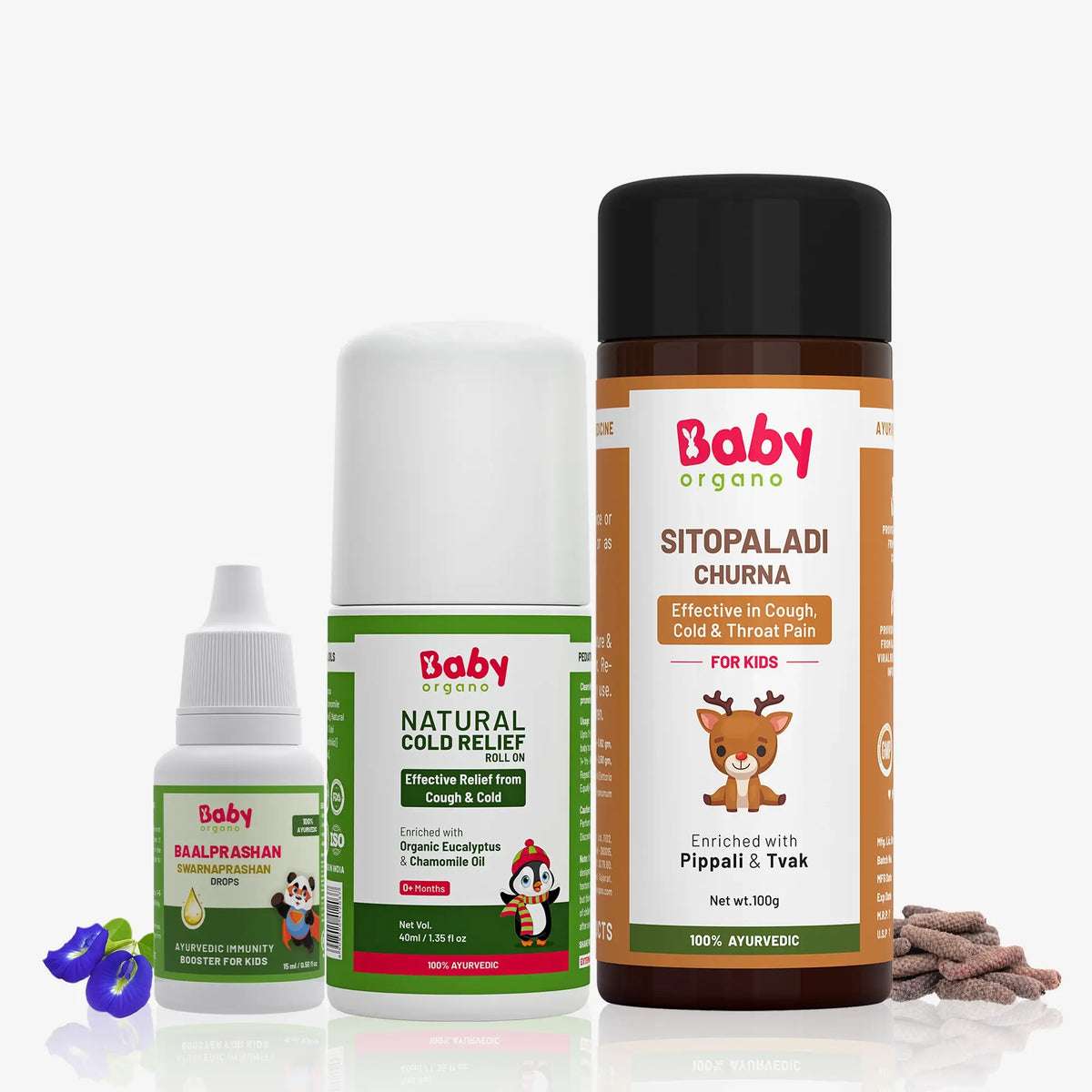 Cold & Cough Defense Combo for Kids | Suvarnaprashan Drops + Natural Cold Relief Roll-On + Sitopaladi Churna