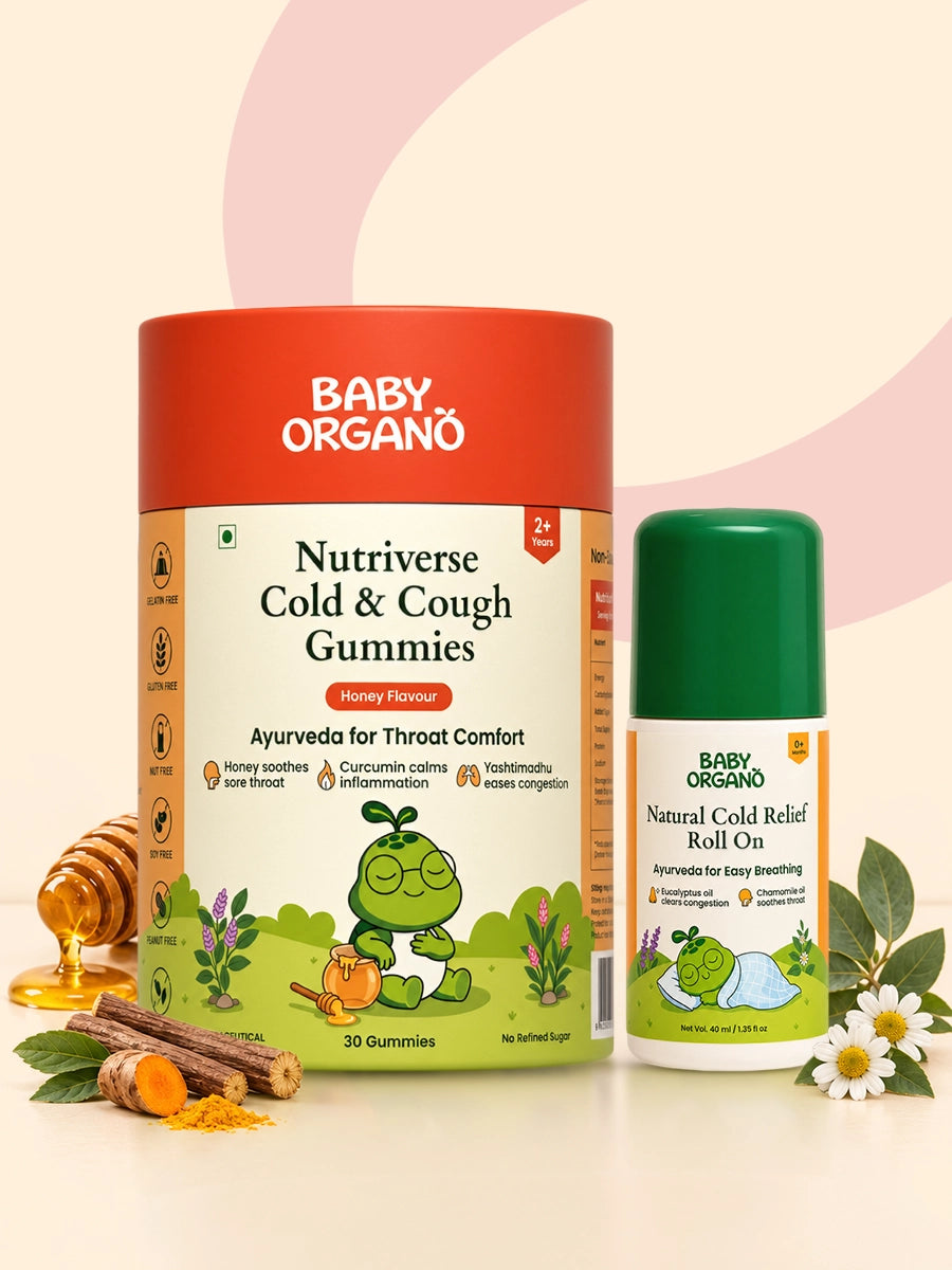 BabyOrgano Nutriverse Cold and Cough Gummies cylinder alongside Natural Cold Relief Roll-On surrounded by honey, licorice, and turmeric ingredients. | Honey
