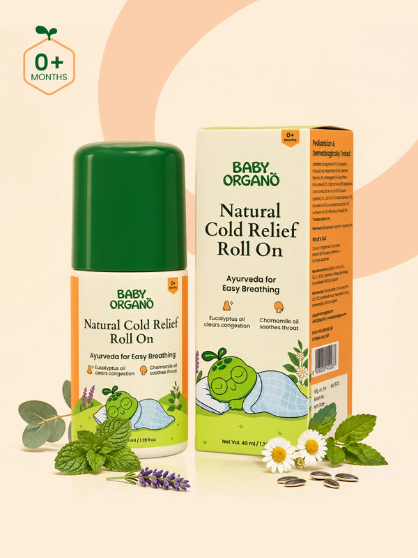 BabyOrgano Natural Cold Relief Roll-on bottle styled with fresh herbal ingredients