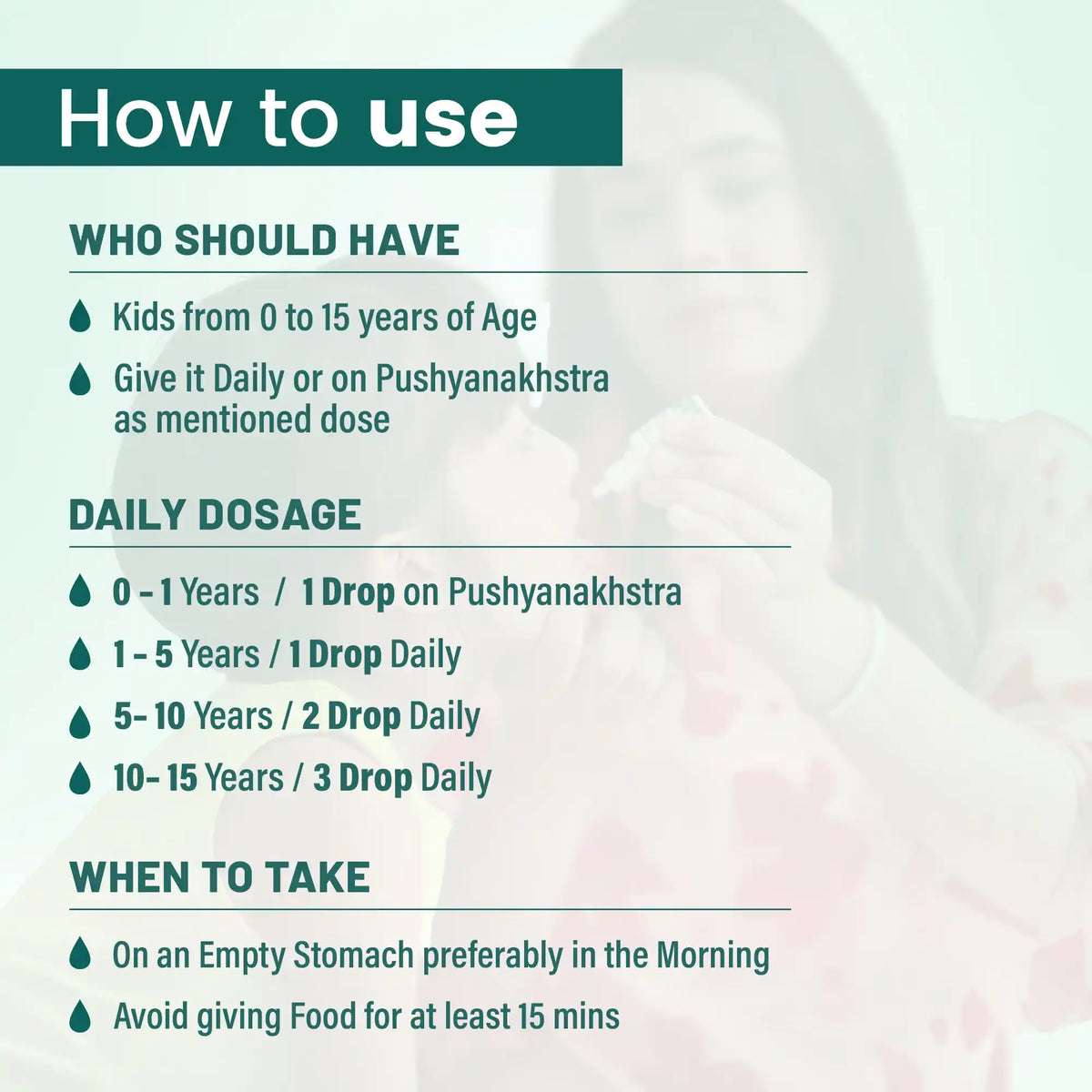Daily dosage guide for Baalprashan Swarnaprashan Tulsi drops for children aged 0 to 15 years.