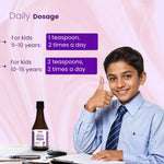 Shankhpushpi syrup dosage: 5-10 yrs – 1 tsp twice daily, 10-15 yrs – 2 tsp twice daily for memory and focus.