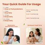 Usage guide for the Respiratory Care combo detailing daily drops for Baalprashan by age (0-15 years) and dosage spoons for Kanthprash Cough Syrup (2 years to adults).