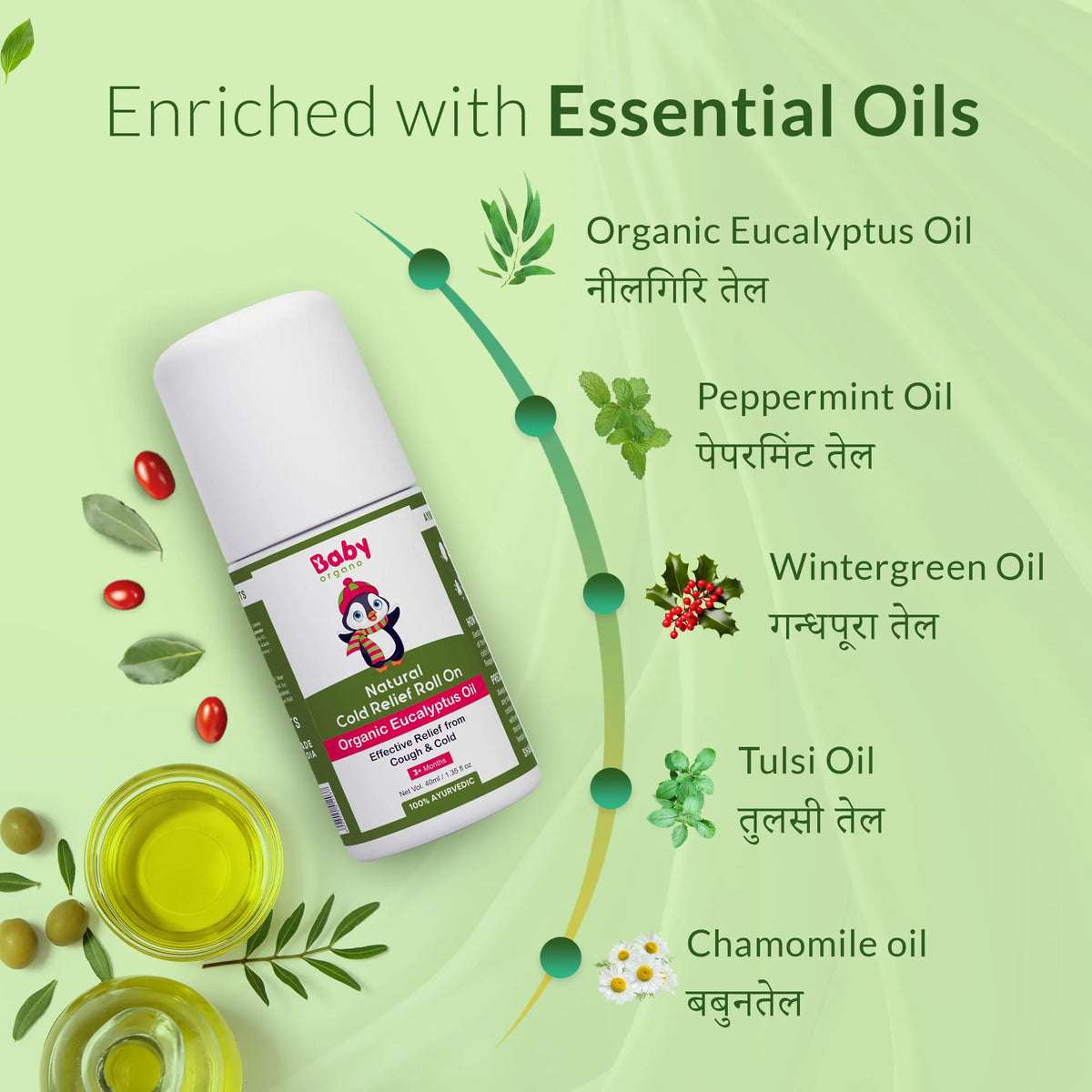 Natural Cold Relief Roll On enriched with organic eucalyptus, peppermint, wintergreen, tulsi, and chamomile essential oils