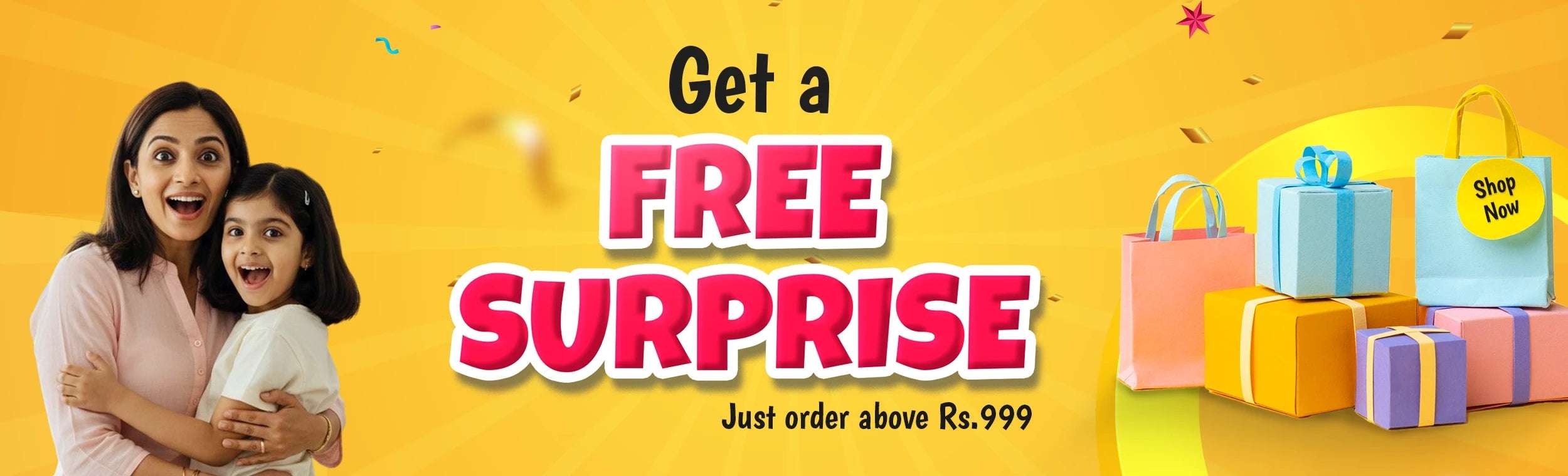 Happy mother and daughter celebrating with BabyOrgano gift boxes and shopping bags - Get a free surprise on orders above Rs. 999.