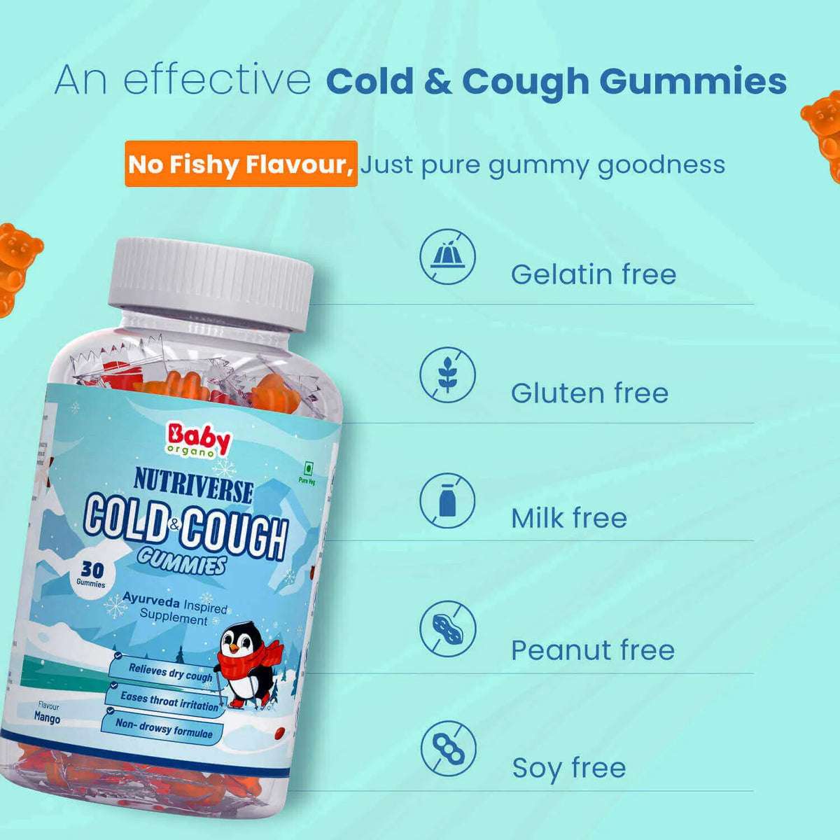 Goodness of cold and cough gummies – natural, gelatin free, gluten free, no fishy flavour, milk free, peanut free, soy free