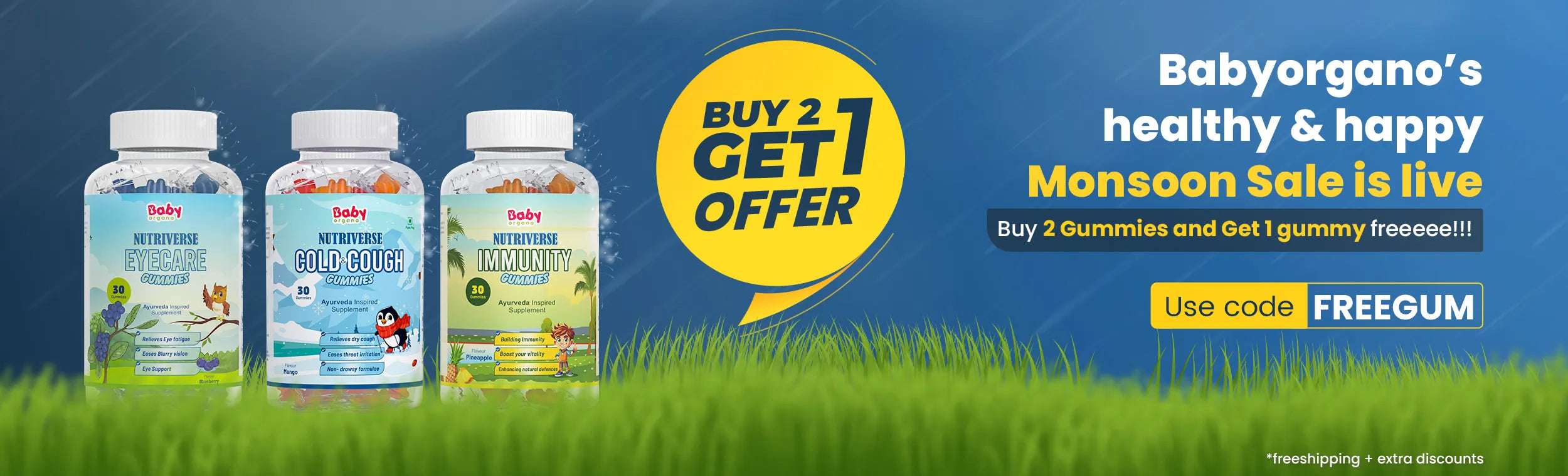 Babygornano gummy vitamins with a promotional banner for a Monsoon sale on a grassy background.