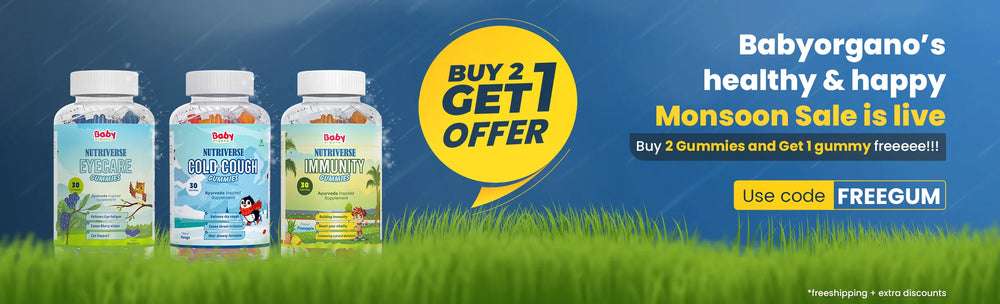 
                Babygornano gummy vitamins with a promotional banner for a Monsoon sale on a grassy background.
             
