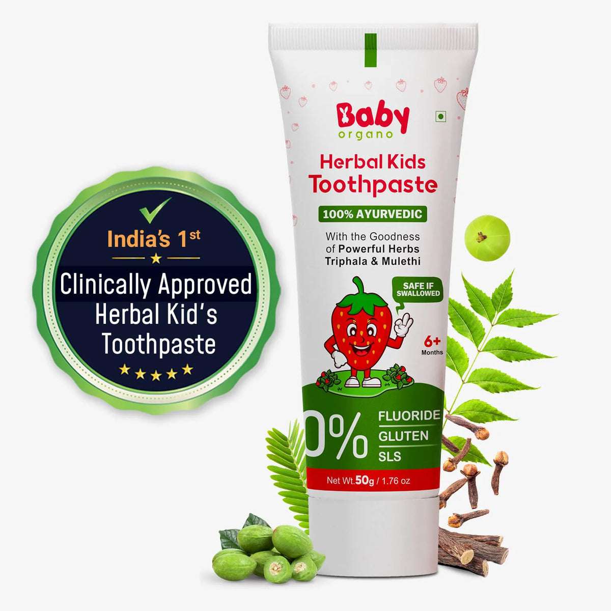 Herbal Kids Toothpaste Strawberry – fluoride-free, safe if swallowed, with Triphala & Mulethi for 6+ months babies