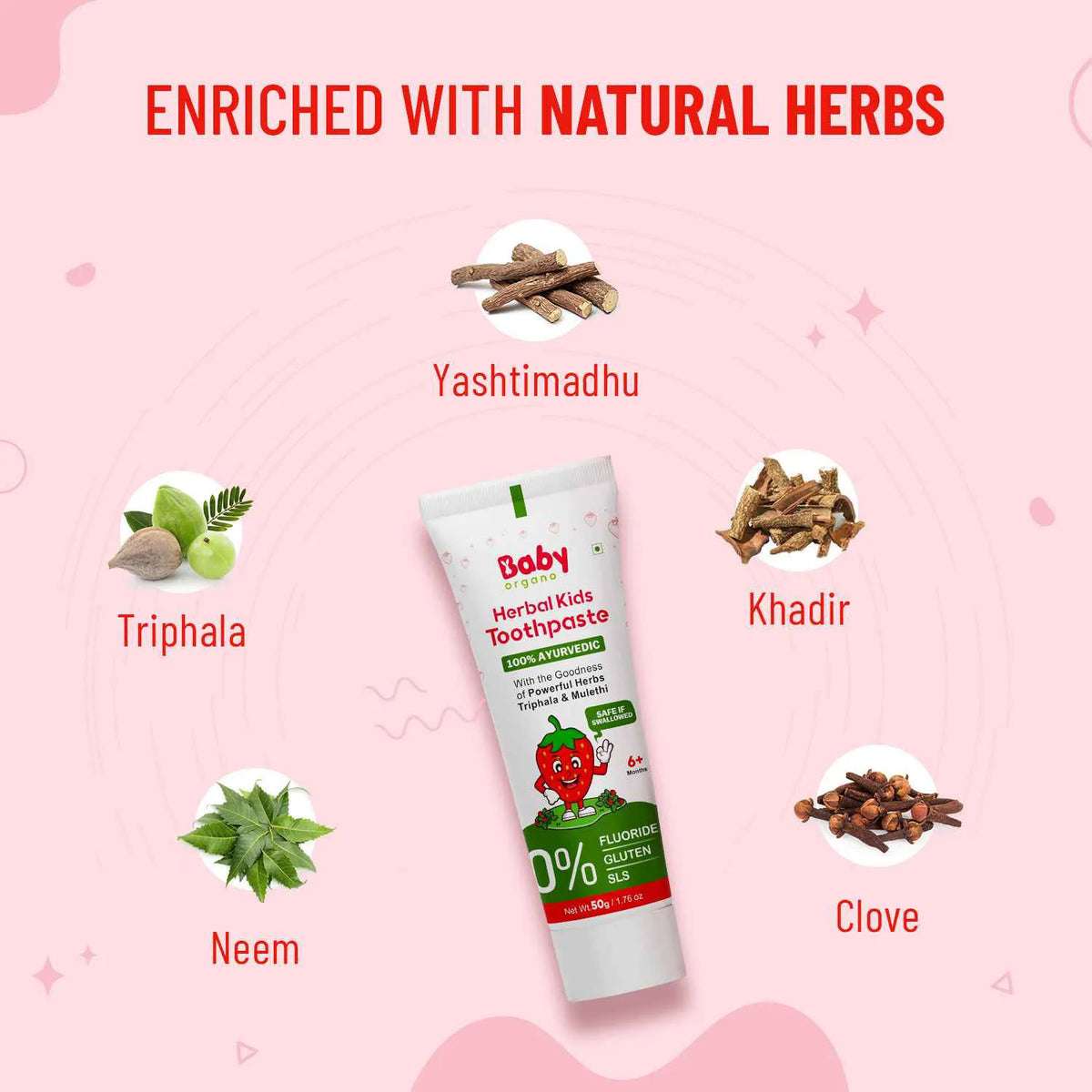 Strawberry herbal kids toothpaste enriched with natural herbs Yashtimadhu, Triphala, Neem, Khadir, and Clove