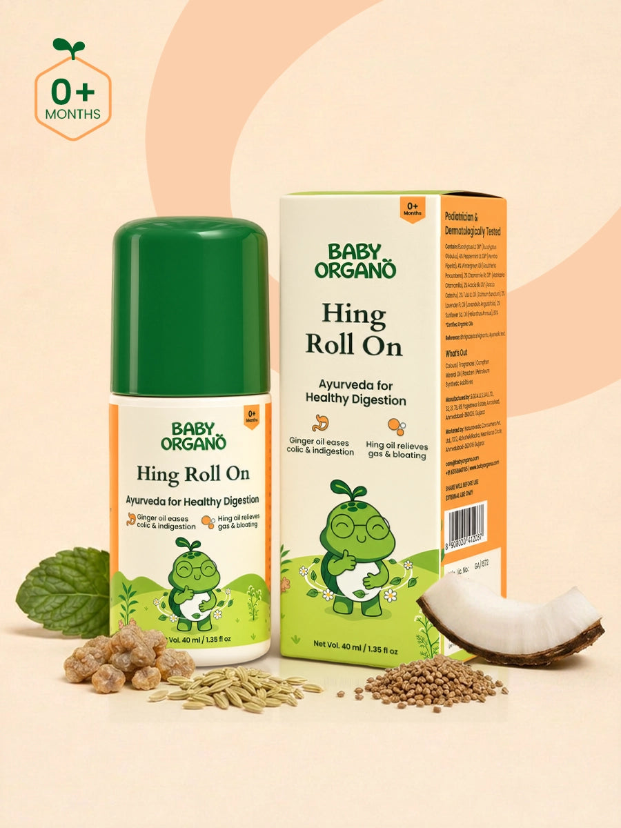 BabyOrgano Hing Roll-on bottle surrounded by ginger, hing, fennel, peppermint and coconut for baby digestion