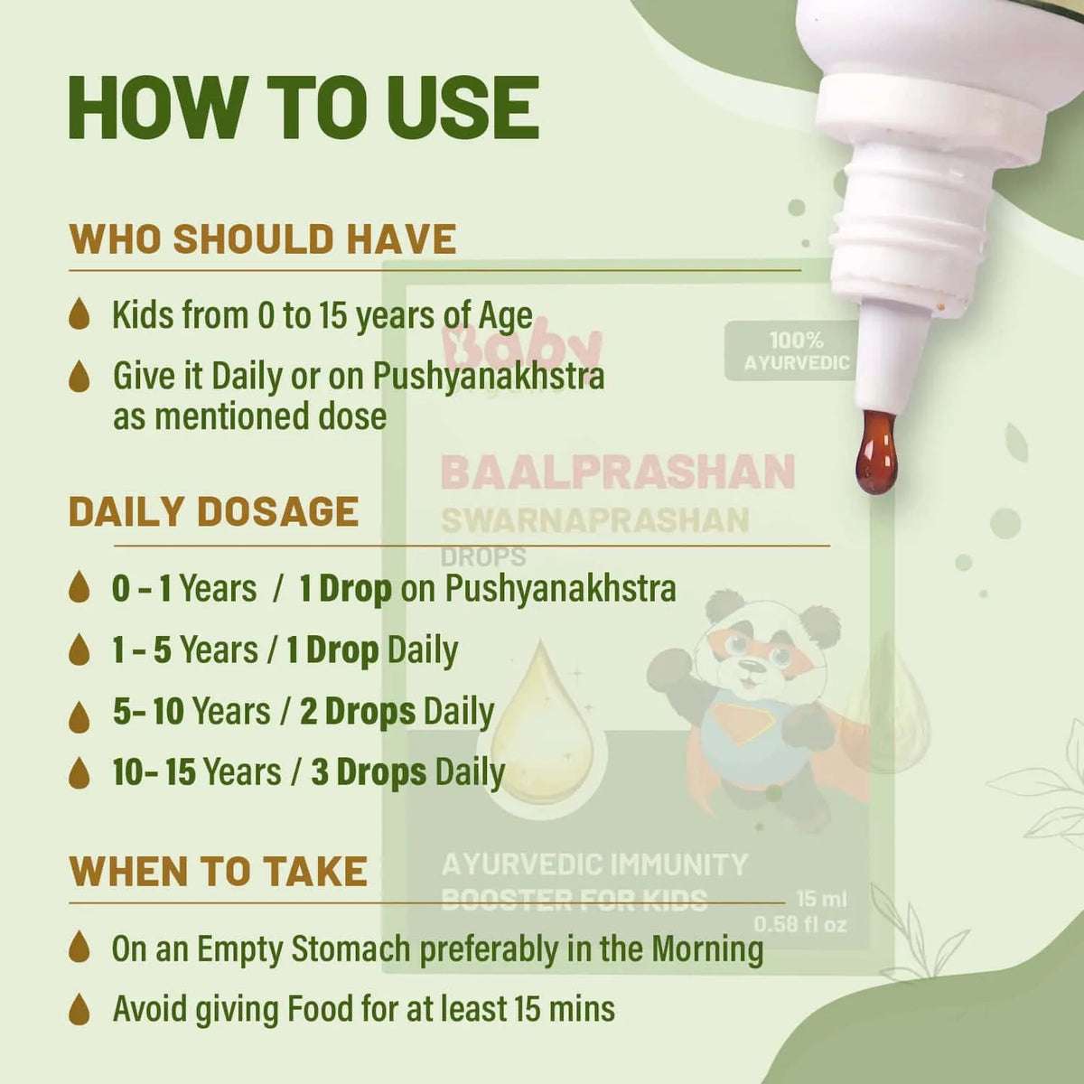 How to consume Suvarnaprashan Drops – dosage guide for kids 0–15 years, daily or Pushyanakshatra, best taken on empty stomach