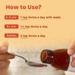 Dosage instructions for Kanthprash Ayurvedic cough syrup – recommended syrup quantity for kids aged 2+, 5+, and adults.