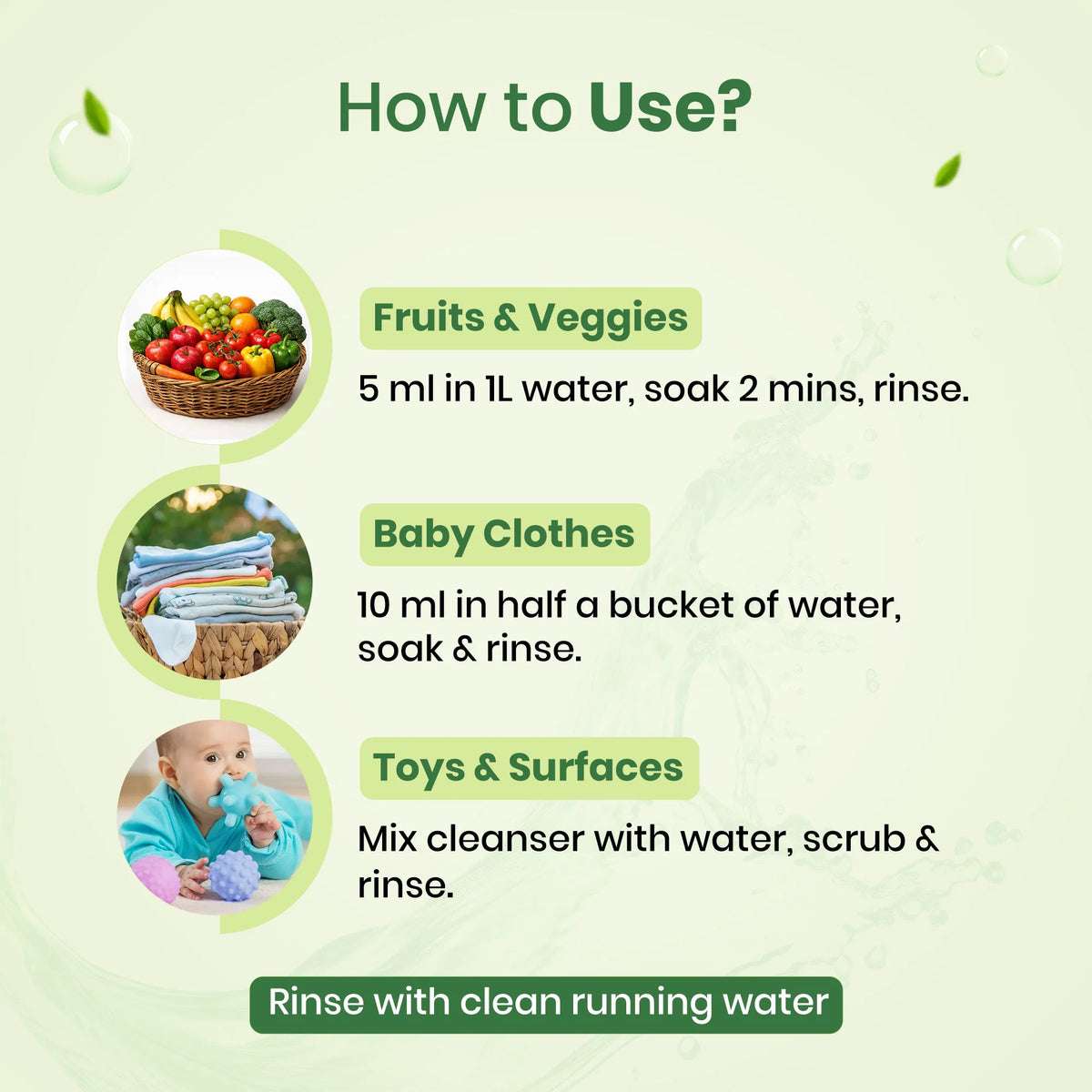 How to use baby liquid cleanser for soaking fruits, vegetables, and baby clothes.