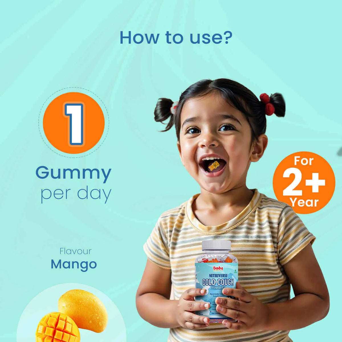 How to use cold and cough gummies – 1 mango-flavored gummy daily for kids 2 years and above for effective relief